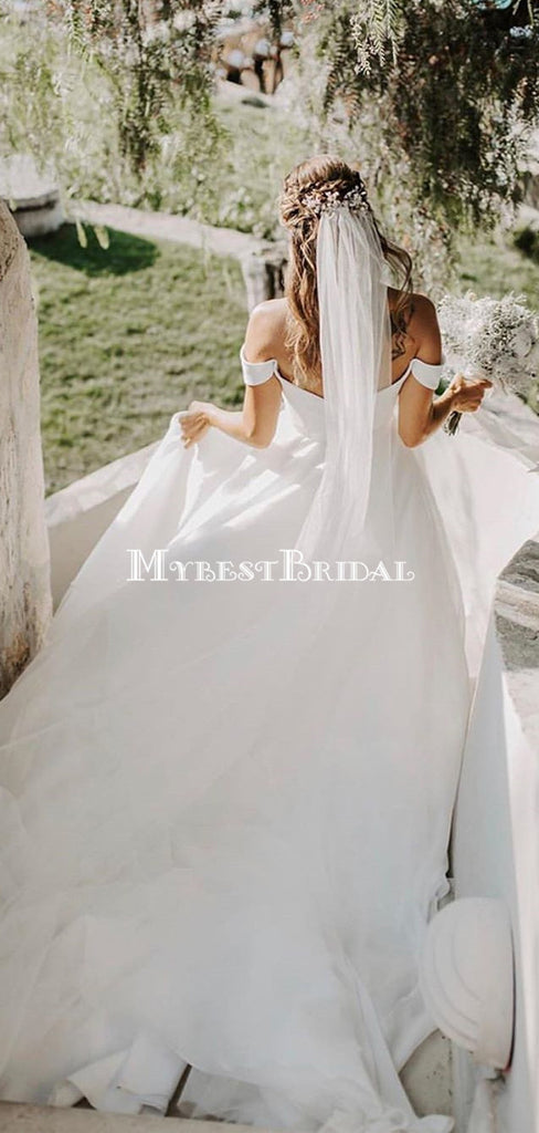 Simple Off-The-Shoulder White A-line Long Cheap Wedding Dresses, WDS0050