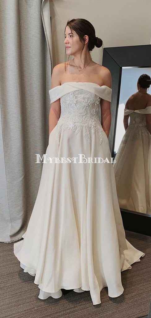 Off-The-Shoulder Lace Appliqued Satin A-line Long Cheap Wedding Dresses, WDS0060