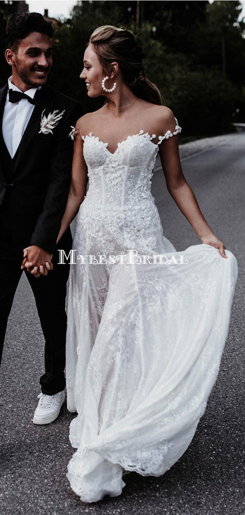 Romantic Off-The-Shoulder Lace Appliqued Long Cheap Wedding Dresses, WDS0047