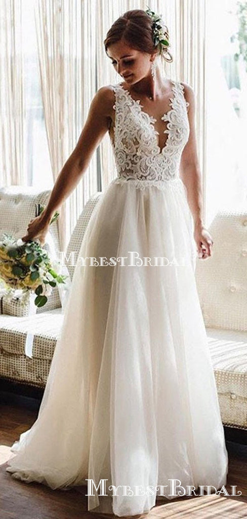 V-neck Ivory Tulle A-line Long Cheap Beach Wedding Dresses, WDS0036