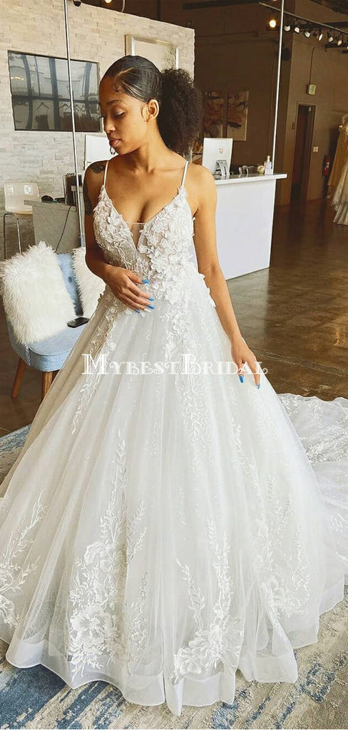 Spaghetti Strap Lace Appliqued Organza A-line Long Cheap Wedding Dresses, WDS0056
