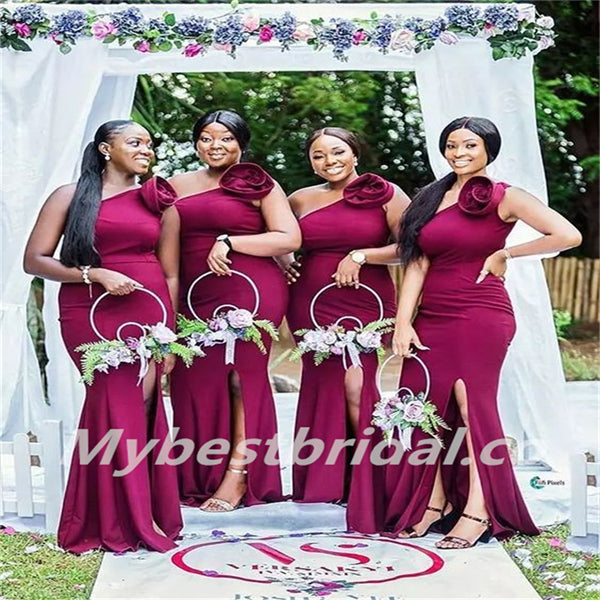 One-shoulder Mermaid Side slit Elegant Simple Long Bridesmaid Dresses,BDS0201