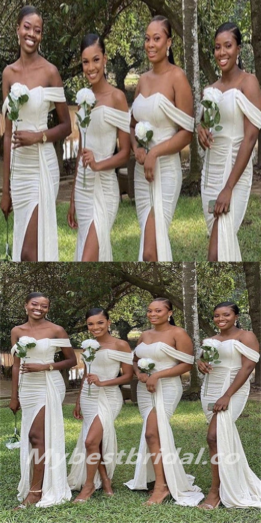 Off-shoulder Mermaid Pleats Side slit Elegant Simple Long Bridesmaid Dresses,BDS0202