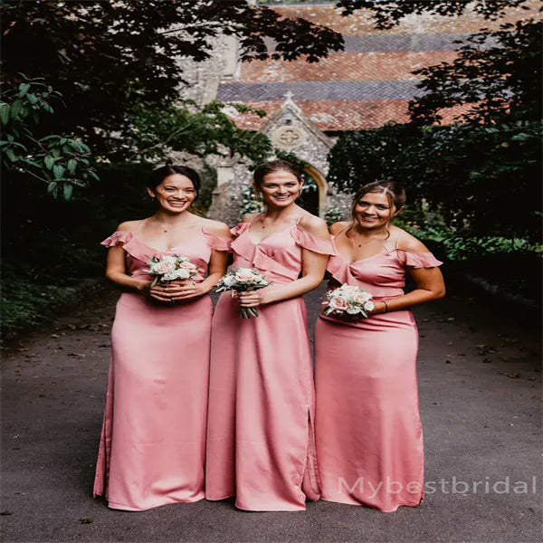 Off-shoulder Ruffle Spaghetti straps Elegant Simple Pretty Long Bridesmaid Dresses, BDS0240