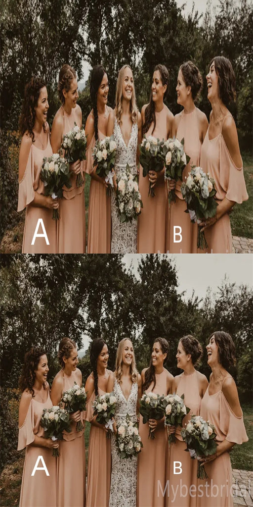Mismatched Off-shoulder A-line Elegant Simple Pretty Long Bridesmaid Dresses,BDS0228
