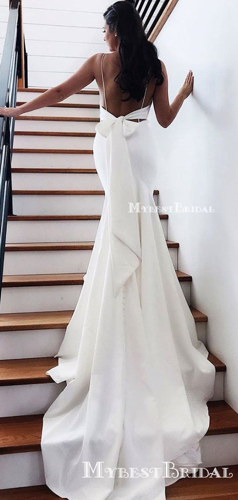 Simple Spaghetti Strap White Chiffon Mermiad Long Cheap Formal Evening Prom Dresses With Bow, PDS0040