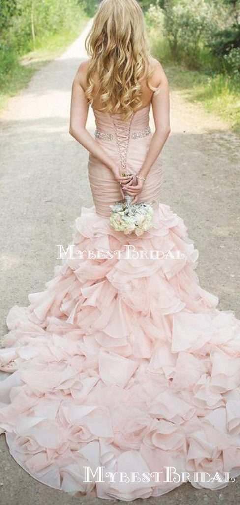 Sweetheart Pink Organza Mermaid Long Cheap Wedding Dresses, WDS0027