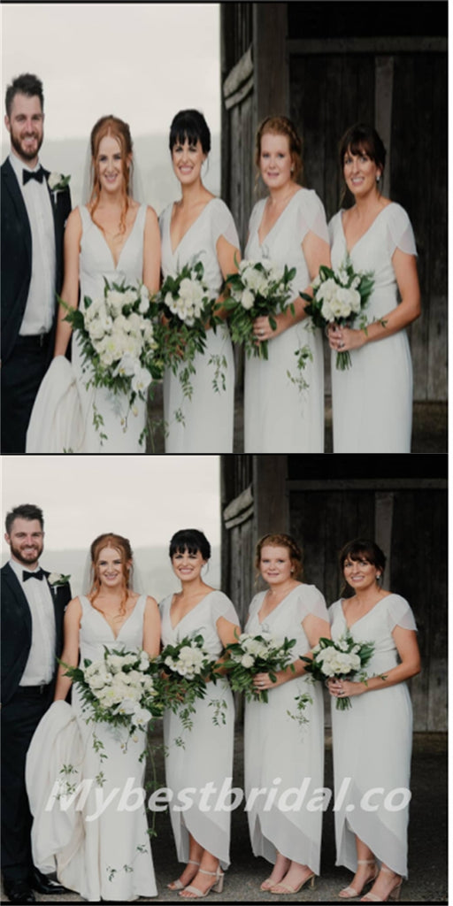 V-neck cap sleeves  Elegant Simple Pretty Long Bridesmaid Dresses,BDS0211