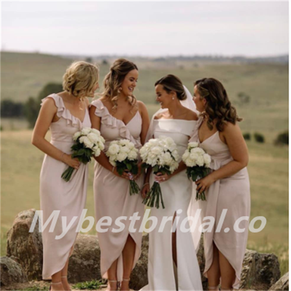V-neck A-line Ruffle side silt  Elegant Simple Pretty Long Bridesmaid Dresses,BDS0213