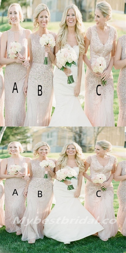 Mismatched V-neck Sequin Mermaid Sleeveless Elegant Simple Long Bridesmaid Dresses,BDS0194