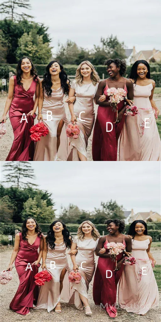 Mismatched V-neck Side slit A-line Elegant Simple Pretty Long Bridesmaid Dresses, BDS0248