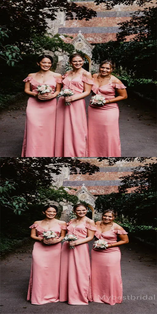 Off-shoulder Ruffle Spaghetti straps Elegant Simple Pretty Long Bridesmaid Dresses, BDS0240