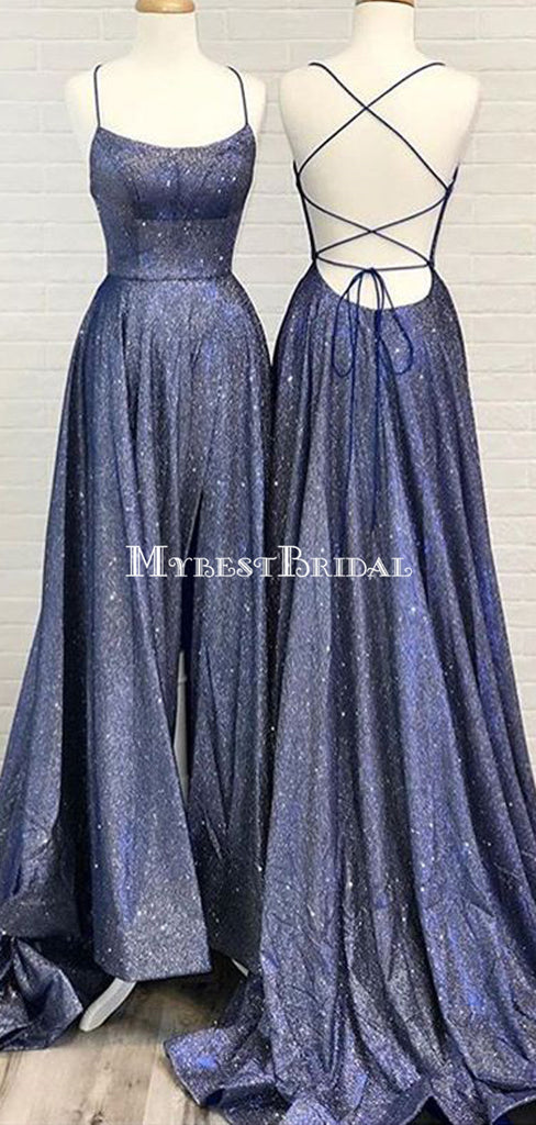 Navy Blue Spaghetti Straps Glitter Long Evening Prom Dresses, Evening Party Prom Dresses, PDS0080