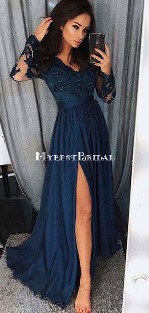 Long Sleeve Lace Chiffon Side Slit Long Evening Prom Dresses, PDS0085