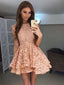 High Neck Peach Lace Cute Short Homecoming Dresses 2018, BDY0284