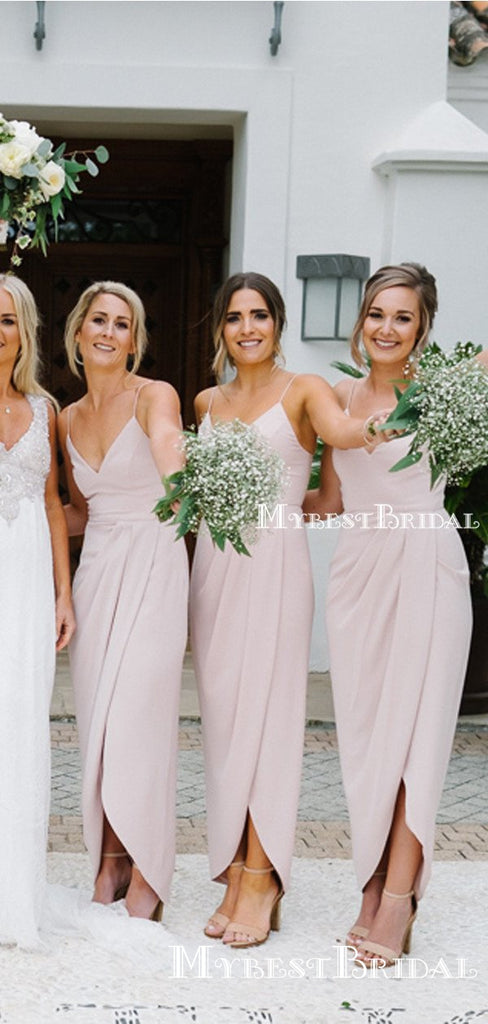 Charming Sexy Spaghetti Strap Sleeveless Pink Side Slit Long Cheap Wedding Party Bridesmaid Dresses, BDS0009