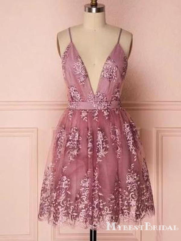 Sexy Charming A Line Deep V Neck Spaghetti Straps Short Cheap Lace Homecoming Dresses, TYP0070