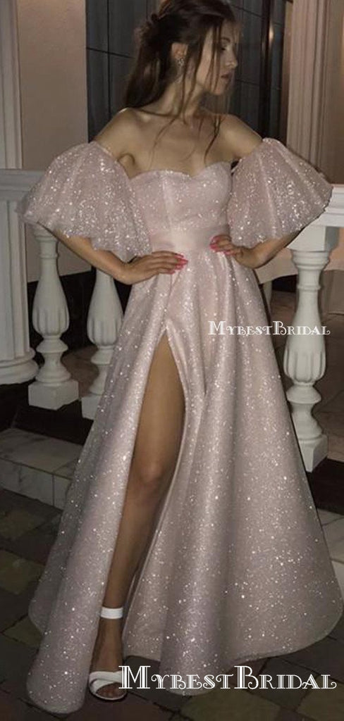 Sparkly A-Line Pink Sequins Sweetheart Long Cheap Sparkle EveningParty Prom Dresses with Sleeves, PDS0049