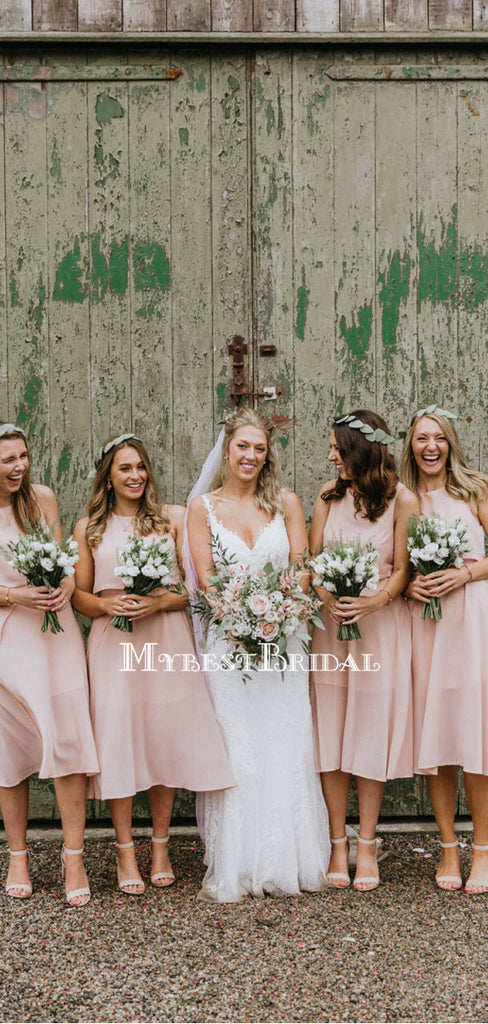 Pink Scoop Sleeveless Chiffon Tea Length Cheap Bridesmaid Dresses, BDS0101