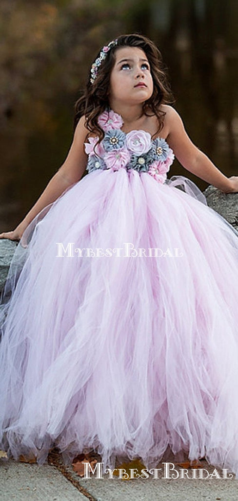 One Shoulder Charming Pink Tulle Hand-Made-Flowers A-line Long Cheap Flower Girl Dresses, FGS0025