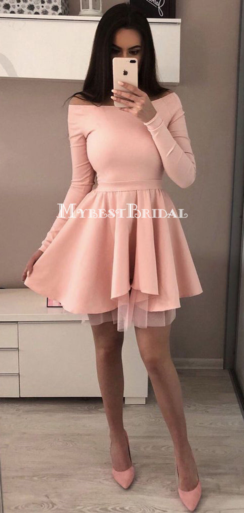 Off-the-Shoulder Long Sleeves Black Tulle Homecoming Dress,Short Prom Dresses,BDY0344