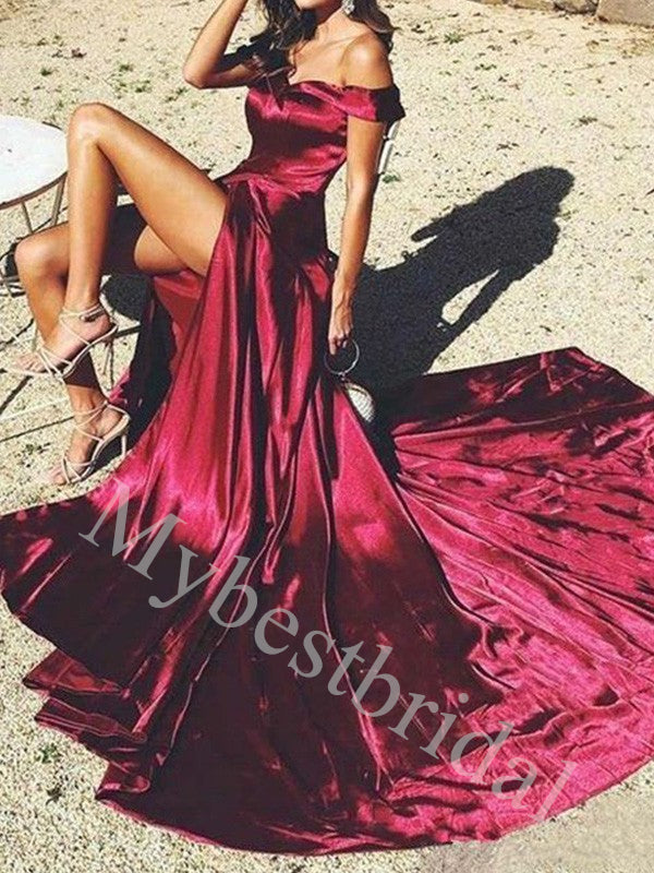 Sexy Off shoulder Sleeveless Side slit A-line Prom Dresses,PDS1001