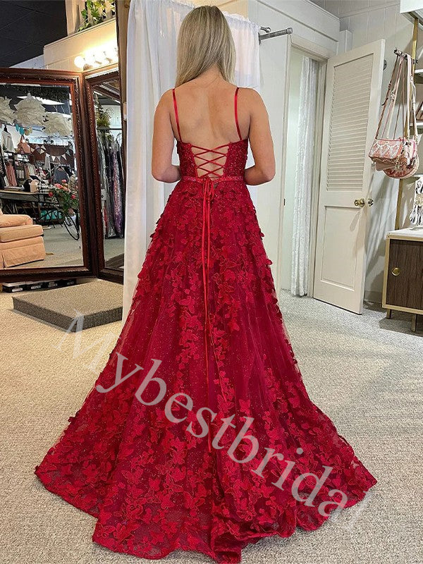 Elegant Square Sleeveless Side slit A-line Prom Dresses,PDS0988