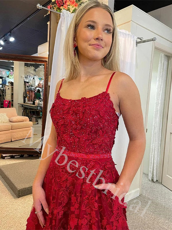 Elegant Square Sleeveless Side slit A-line Prom Dresses,PDS0988