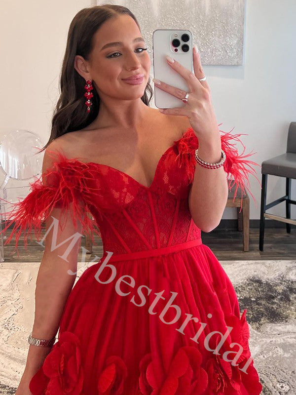 Red Elegant Sweetheart Off shoulder A-line Prom Dresses,PDS0989