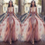 Charming Sweep Train Deep V Neck Pink Tulle Prom Dress with Lace Appliques,Evening Party Dresses,PDY0257