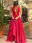 Sexy A-line V-Neck V-Back Red Satin  Prom Dresses, Fashion Gown,PDY0170