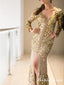 New Arrival Long Sleeves V-neck Gold Sequin Long Cheap Formal Evening Prom Dresses, TYP0130