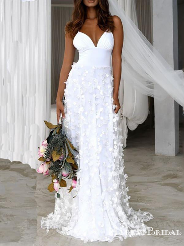 Gergouse Spaghetti Strap Sleeveless White Lace A-line Long Wedding Dresses, TYP0131