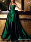 Simple Charming Square Strapless Green Satin A-line Long Cheap Prom Dresses With Side Slit, PDS0002