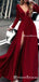 Long Sleeves Dark Red,V Neck Prom Dress With High Slit ,Evening Gowns  ,PDY0176