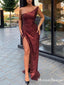 New Arrival Sparkly Burgundy Sequin One Shoulder Sleeveless Side Slit Long Cheap Prom Dresses, TYP0114