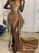 Newest Sweetheart Sexy Sparkly Gold Sequin High Side Slit Long Cheap Mermaid Prom Dresses, PDS0015