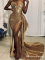 Newest Sweetheart Sexy Sparkly Gold Sequin High Side Slit Long Cheap Mermaid Prom Dresses, PDS0015