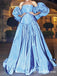 Newest Elegant Off-The-Shoulder Long Sleeves Blue Saitn A-line Long Cheap Evening Party Prom Dresses, PDS0017