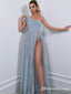 Newest Charming Sparkly One-Shoulder Sleeveless Beaded Side Slit Long Cheap Prom Dresses, PDS0019