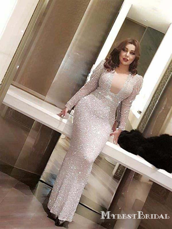Long Sleeves Sexy V-neck Sparkly Silver Sequin Long Cheap Mermaid Formal Evening Prom Dresses, TYP0129