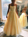 Youthful Yellow Tulle Lace Appliques Spaghetti Strap Long Prom Dress Formal Party Gowns Prom Dresses, PDS0057