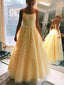 Youthful Yellow Tulle Lace Appliques Spaghetti Strap Long Prom Dress Formal Party Gowns Prom Dresses, PDS0057