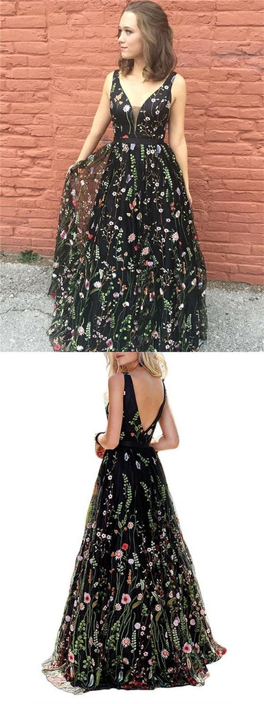 Floral Prom Dresses, A-line Prom Dresses, V-neck Prom Dresses, Long Prom Dresses,BG0415