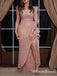 Sparkly Rose Gold Sequin V-neck Long Sleeves Side Slit Long Cheap Prom Dresses, PDS0068