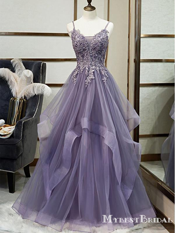 Elegant Spaghetti Strap Sleeveless Purple Tulle Top Lace Appliqued A-line Long Cheap Prom Dresses, PDS0035