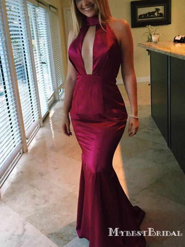 Mermaid High Neck Backless Sweep Train Dark Red Long Cheap Evening Prom Dresses with Keyhole, PDS0055