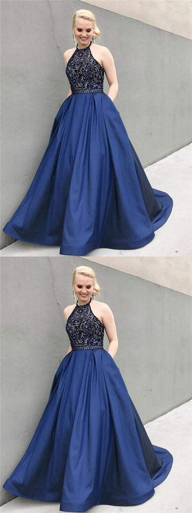 Halter Rhinestone Beaded Prom Dresses, Satin A-line Prom Dresses, Cheap Prom Dresses, BG0427