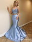 Two Piece Charming Spaghetti Straps Blue Satin Sexy Backless Mermaid Long Cheap Party Prom Dresses, PDS0043