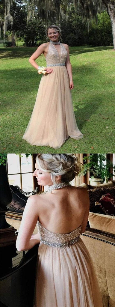 Halter Beaded Prom Dresses, Lovely Tulle Prom Dresses, Cheap Prom Dresses, BG0420